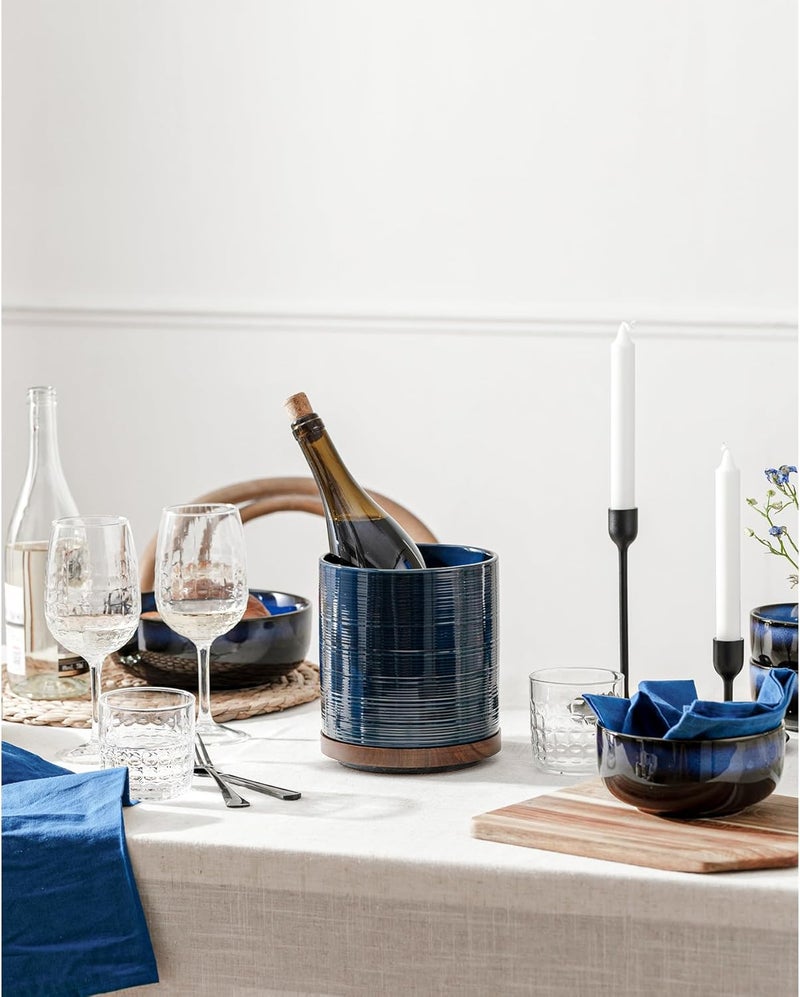 MIKIGEY Utensil Holder, 360° Rotating Extra Large Ceramic Kitchen Utensil Holder for Countertop, 7.3“ Cooking Utensil Crocks for Kitchen Counter with Rotatable Wooden Base, Farmhouse Decor, Dark Blue - Image 3